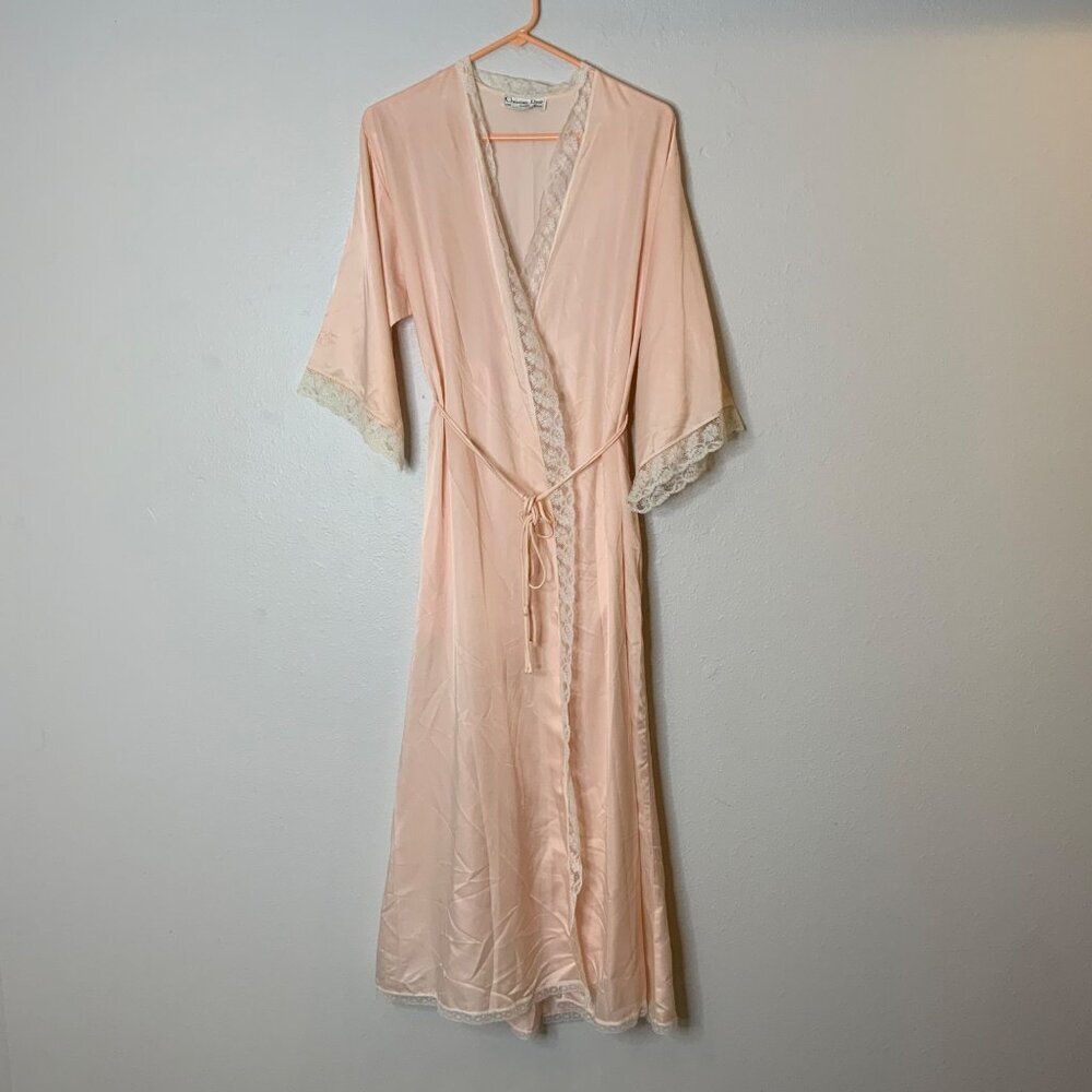 Christian Dior Lingerie Vintage Union Made Lace Trim Belted Robe Pink Size M
